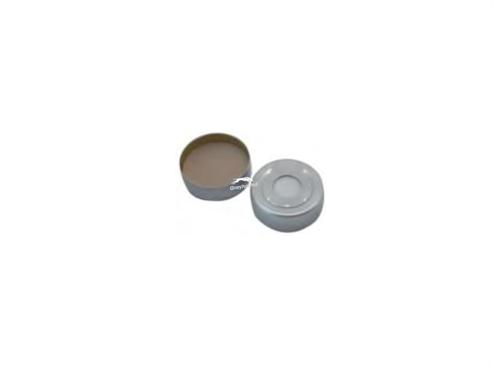 Picture of 20mm Aluminium Headspace Crimp Cap (Silver), with Pre-fitted Beige PTFE/White Silicone Septa, 3mm, (Shore A 45)